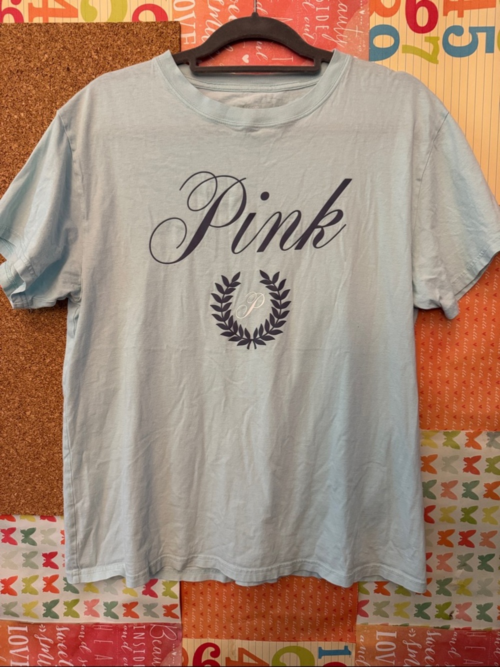 ⭐️PINK Victoria's Secret Light Blue T-Shirt with Navy Script Logo